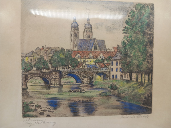 Friedrich Schick colorierte Radierung - Stadtansicht Plauen